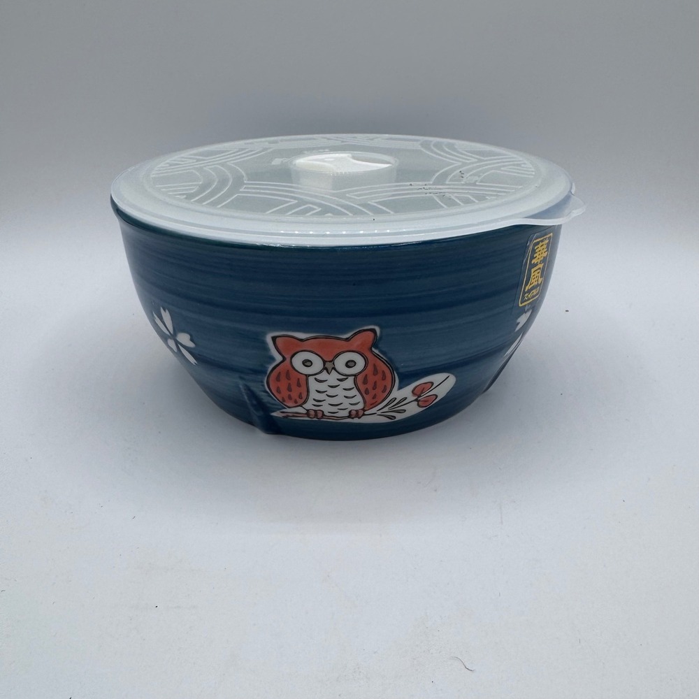 Yokohama Studio Hand Painted Owl Ceramic Bowl with Vented Lid Blue Red White